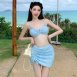 甜美提花褶皺平口裙裝三件式泳衣