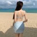 甜美提花褶皺平口裙裝三件式泳衣
