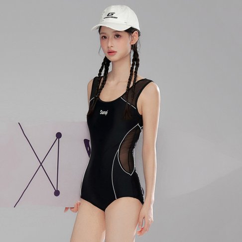 運動風側邊網紗顯瘦連身泳衣(M-2XL)