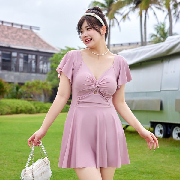 扭節深V蝴蝶袖修身裙裝連身泳衣