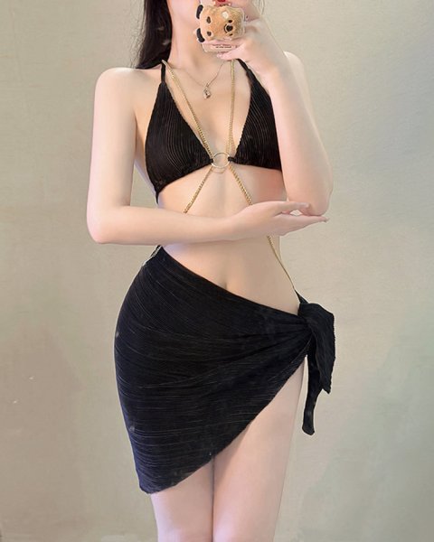 卷邊螺紋長袖四件式泳衣