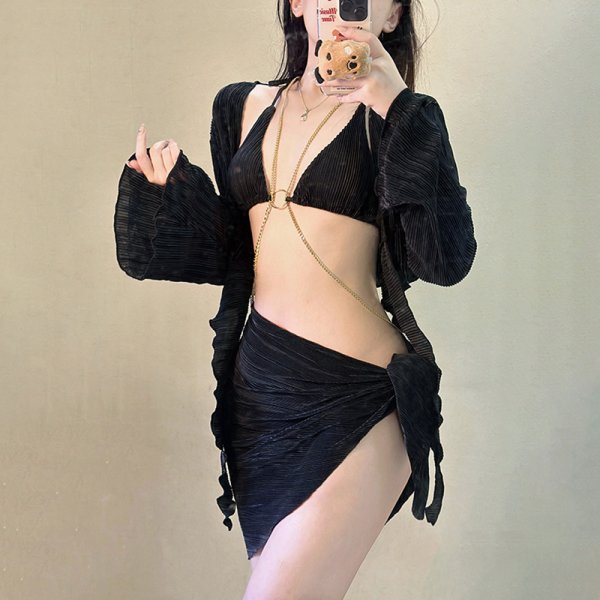 卷邊螺紋長袖四件式泳衣