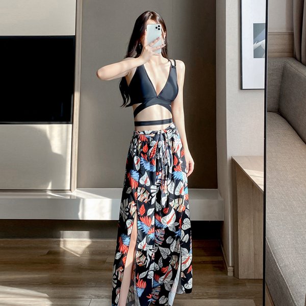 深V美背綁帶長褲三件式泳衣