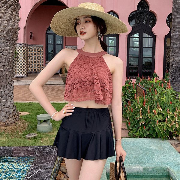 蕾絲削肩裙裝兩件式泳衣