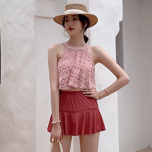 蕾絲削肩裙裝兩件式泳衣