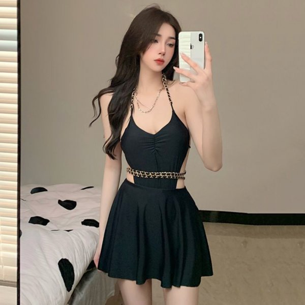 裸背鍊條裙裝兩件式連身泳衣