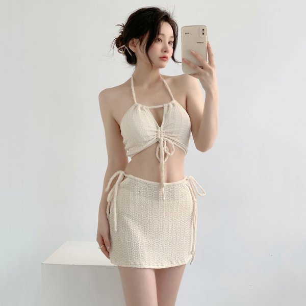 拉繩綁帶裙裝三件式泳衣