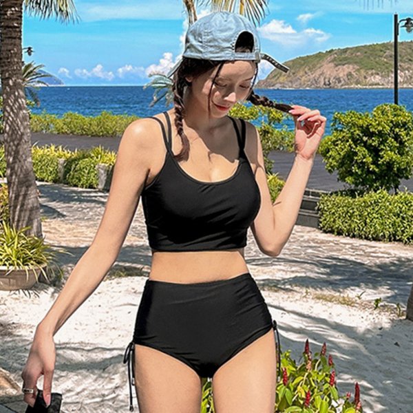 雙肩帶交叉美背高腰兩件式泳衣