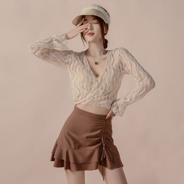 荷葉邊長袖裙裝四件式泳衣