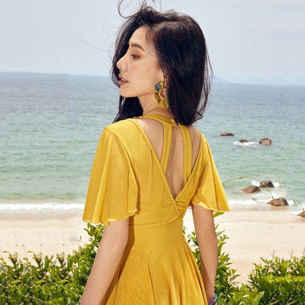 優雅風修身裙裝連身泳衣