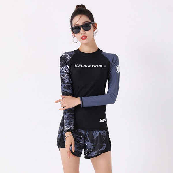 潮流不對稱拼接長袖兩件式泳衣(L-2XL)
