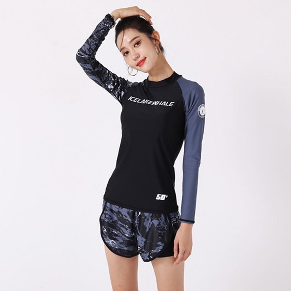 潮流不對稱拼接長袖兩件式泳衣(L-2XL)