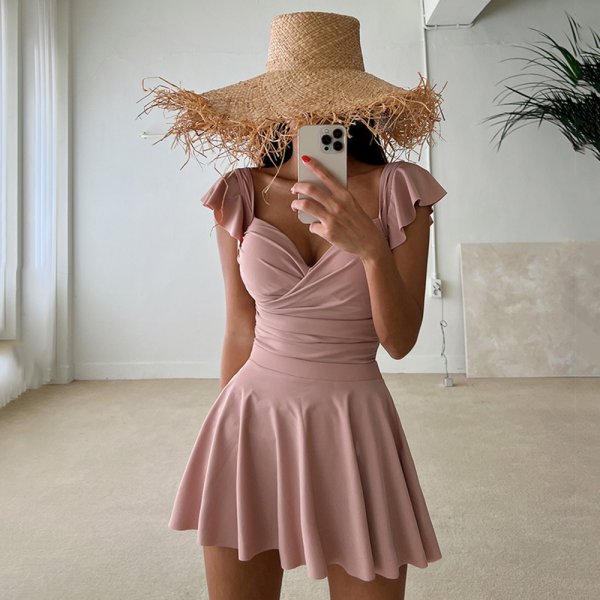 飛袖修身後綁帶裙裝兩件式連身泳衣