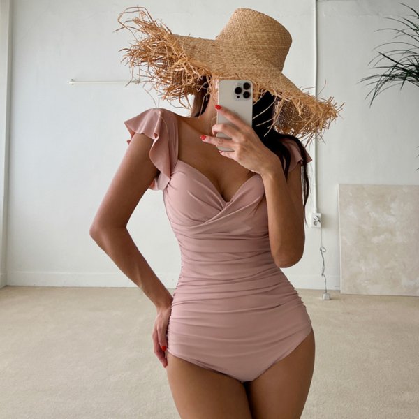 飛袖修身後綁帶裙裝兩件式連身泳衣