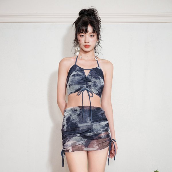 紮染削肩綁帶裙裝兩件式泳衣