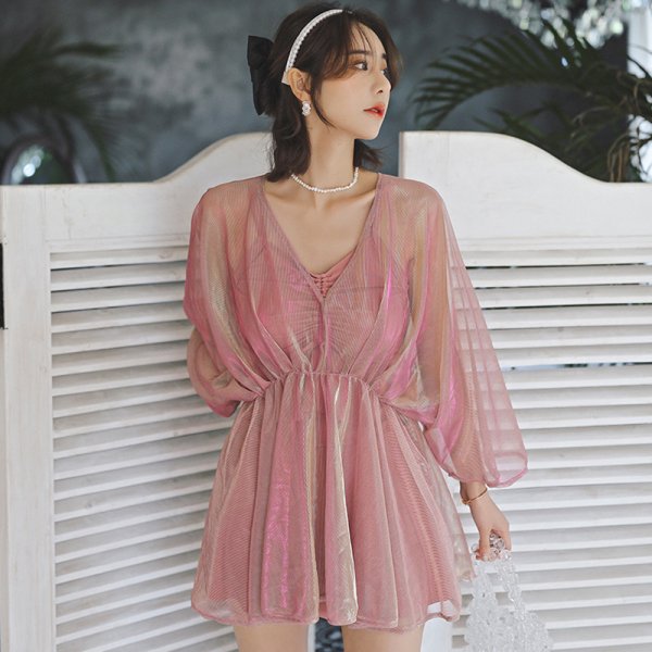 亮彩透紗外罩美背三件式泳衣