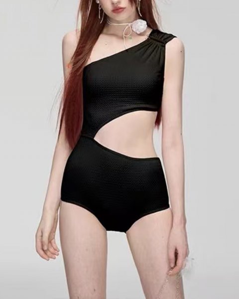 單肩露腰兩件式連身泳衣