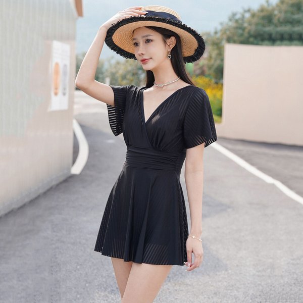 V領荷葉袖顯瘦裙裝連身泳衣(XL-2XL)